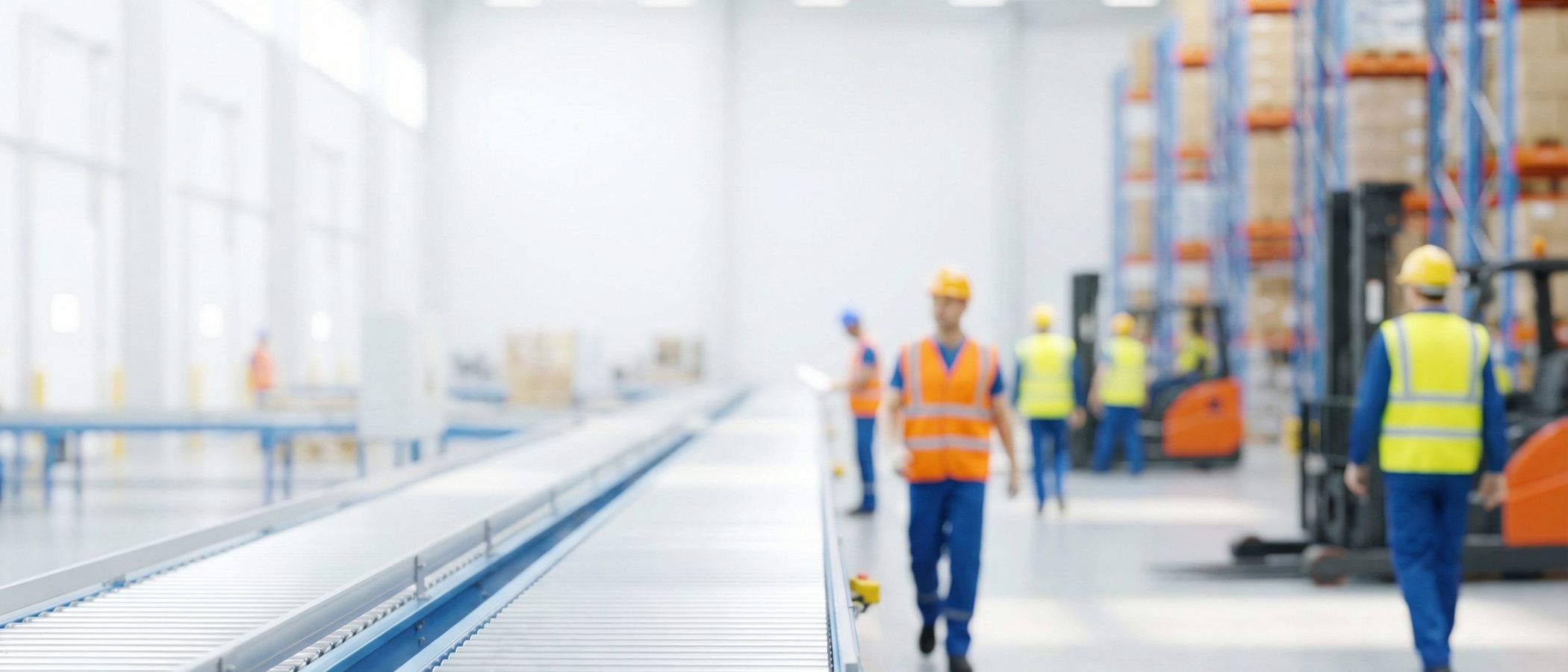 Hala logistyczna z taśmociągiem i pracownikami